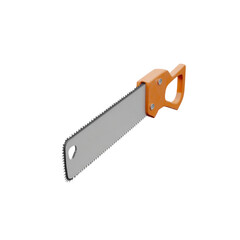 A construction hand saw with an orange handle secured
