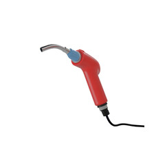 A red construction torch with a metallic curved nozzle and a blue push-button ignition