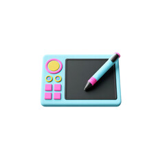 A cartoon-styled drawing tablet with its matching pen