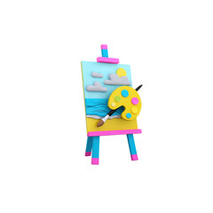 The art easel displays a bright canvas depicting a seascape under a sunny sky with puffy clouds