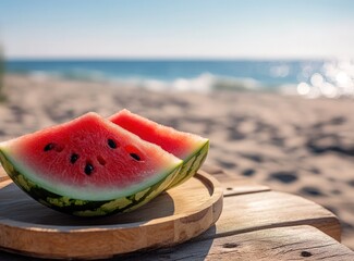 Watermelon slices sit on wooden table, beach background