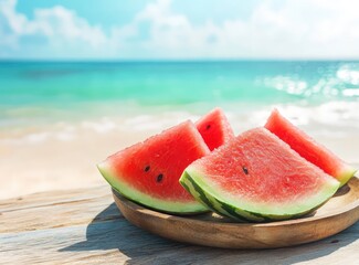 Watermelon slices on wood, ocean backdrop