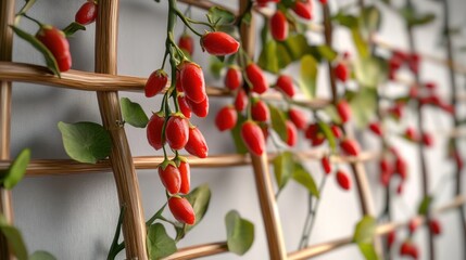 Abundant Red Lycium Berries Twining on a Wooden Trellis with Selective Focus