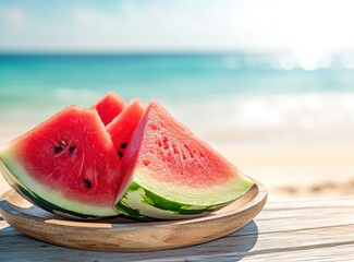 Watermelon slices on wooden plate, ocean backdrop