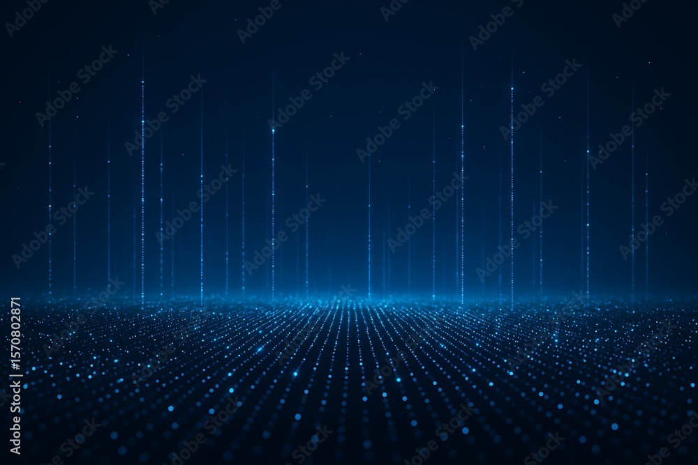 Poster abstract blue digital landscape with rising light columns and glowing particles creating depth.