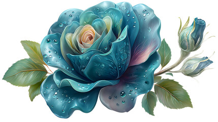 Teal Rose with Water Droplets and Bud on Transparent Background