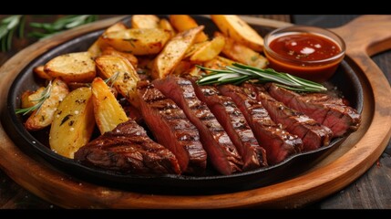 A sizzling plate of medium-rare sliced steak garnished with sprigs of rosemary, served with herb-seasoned roasted potato wedges and a bowl of rich barbecue sauce, on a rustic wooden tray.