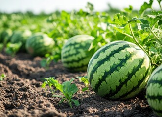 Row of green watermelons growing in a field