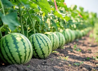 Watermelons ripening in a field row, under leafy vines