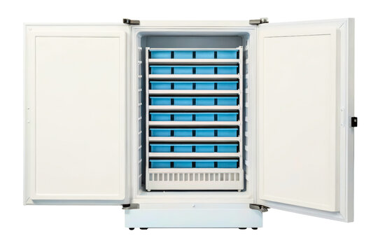 Open laboratory freezer with pull-out drawers for medical samples isolated with transparent background