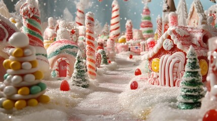 Candy-themed festive village, frosted with fresh snow