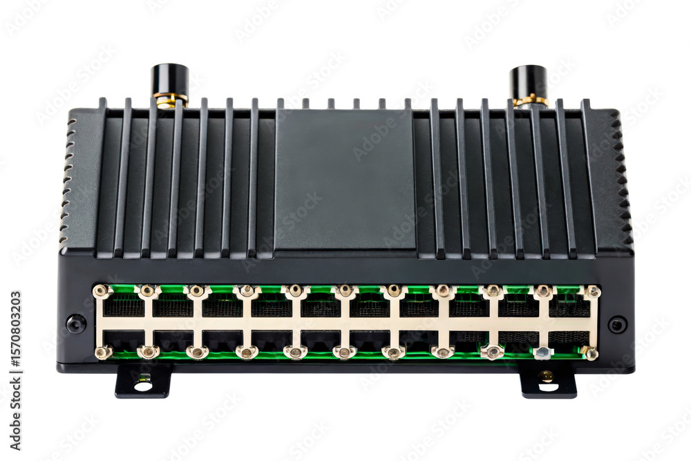 Poster industrial network gateway with multiple ports and cooling fins isolated with transparent background