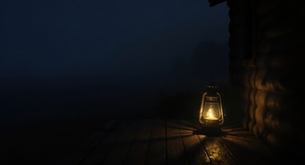Warm Lantern Light on Cabin Porch