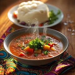 Ghanaian light soup with fufu on side plate