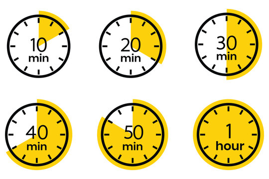Timer icon set, alarm timer from 10 to 60 minutes, 1 hour. Timer, clock, stopwatch isolated. 10, 20, 30, 40, 50 min, 1 hour. Countdown minutes timer symbol. Vector Illustration.