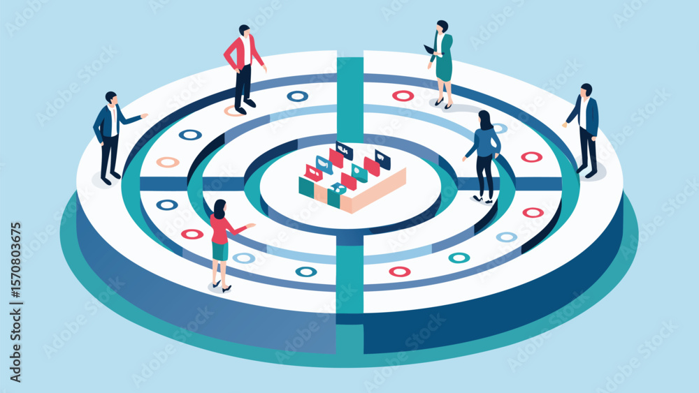 Poster isometric view of people standing around a circular platform with colorful flags and markers