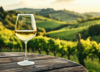 Wine glass foreground, vineyard hills backdrop