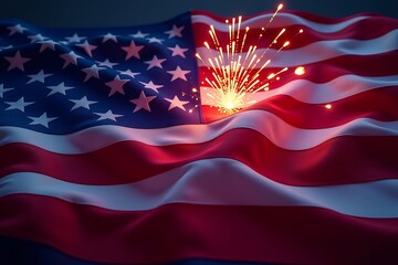 American Flag Waves with Sparkling Fireworks Burst in Vibrant Red, White, and Blue Celebration                                                        