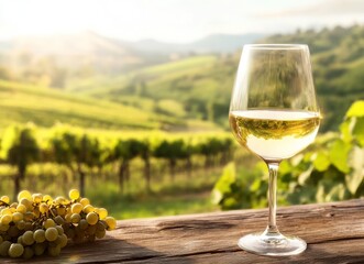 Wine glass & grapes overlook lush vineyard hillsides