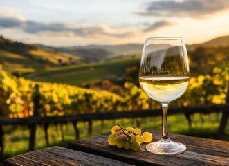 Wine glass & grapes before vineyard hills sunset