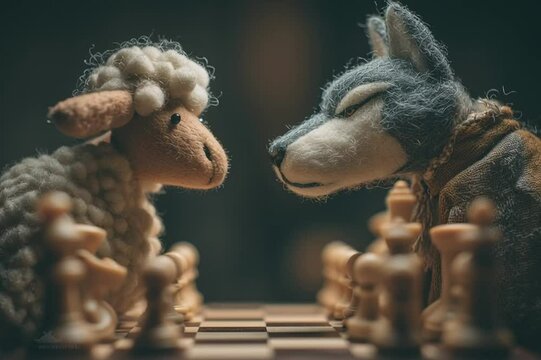 Felted Sheep and Wolf Plush Face Off in Whimsical Chess Match
