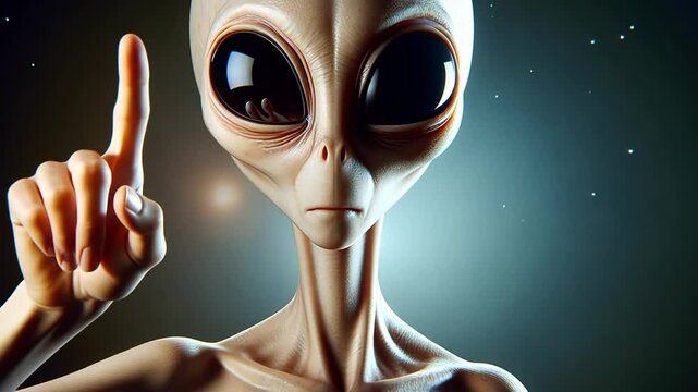 A humanoid alien with large black eyes and a slender body raises one finger. The background is dark with scattered stars, creating a cosmic atmosphere.