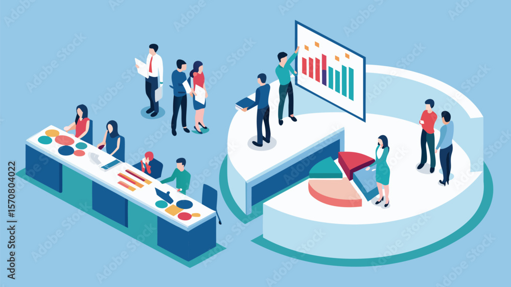 Aufkleber isometric view of business meeting with pie chart and bar graph presentation exactly one hundred