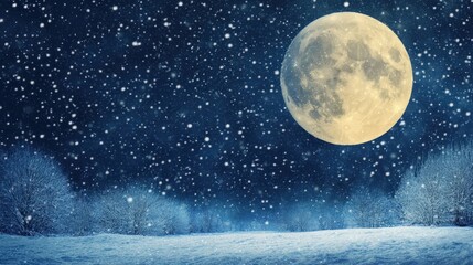 Winter moon shines over frosty trees at night