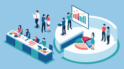 Isometric view of business meeting with pie chart and bar graph presentation exactly one hundred