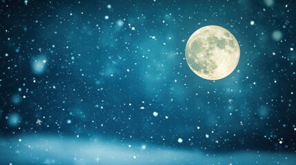 Moonlit night snowfall over a cloudy, dark blue background