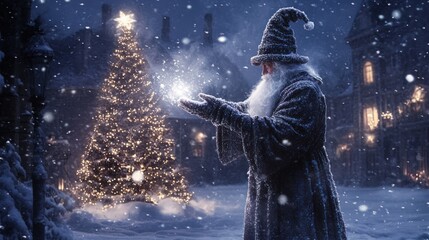 Wizard casts magic in snow near lit tree and buildings
