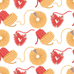 Pattern of yarn wrapped around heart, a circle for creating pompoms, with colored yarn balls in the shape of a heart. Seamless texture. Handmade. Flat color. For postcards, posts, themes of care