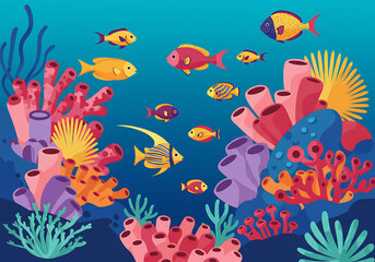 Vibrant Underwater Scene: Colorful Coral Reef and Tropical Fish