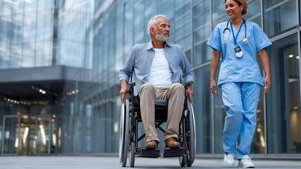 A nurse in scrubs walks beside an elderly man in a wheelchair outside a modern medical facility, both smiling and engaged in conversation. - Powered by Adobe