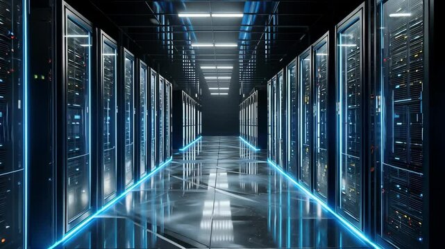 Modern data center server room with glowing blue lights and reflective floor, 4k video - Powered by Adobe