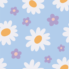 Seamless floral pattern. Flowers, endless background, texture design. Daisy blooms, camomiles, repeating summer print for textile, fabric, wallpaper and wrapping paper. Flat vector illustration