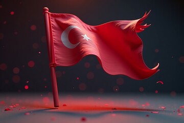 Textured Red Turkish Flag on Dark Background, Crescent Moon and Star Motif, Waving in Wind, National Symbol with Dramatic Lighting and Particles      