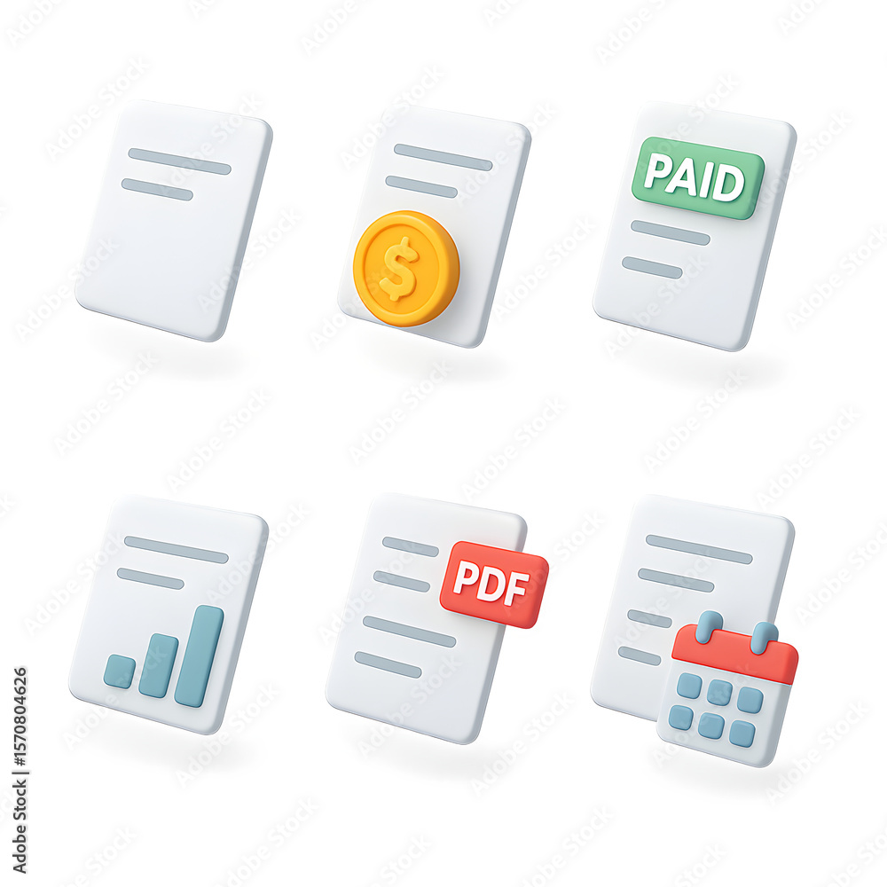 Poster ultimate 3d isometric ui ux icon set transparent background, high-quality document & payment icons f