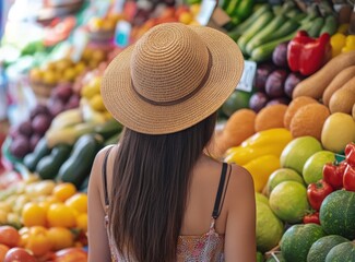 Market shopper faces produce