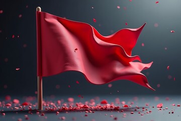 Waving Red Flag: A Visual Metaphor for Warning and Danger, Showcasing Alertness and Risk with Scattered Debris on a Dark Surface                      
