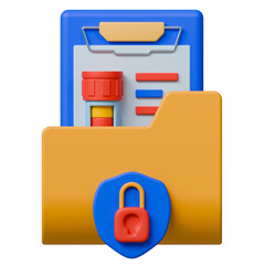 Confidential lab result 3d illustration. Medical lab result stored securely in protected folder with lock symbol.