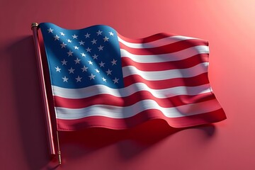 Waving American Flag against Crimson Background, Stars and Stripes Symbolizing Patriotism and National Pride, Ideal for United States themed graphics.