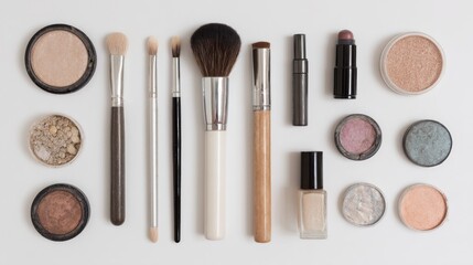 A collection of cosmetics and brushes arranged neatly on a white backdrop