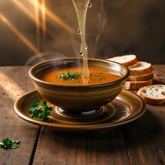 Kenyan bone broth soup in ceramic soup plate