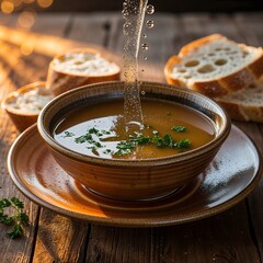 Kenyan bone broth soup in ceramic soup plate