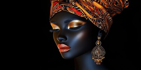 Elegant Ebony Beauty Wearing Gold Accessories, Showcasing African Glamour in Ethnic Chic Style
