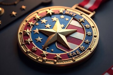 Golden Medal with Stars on Blue and Red Field: A Symbol of Honor and Achievement, Illustrating Recognition, Excellence, and Patriotism                