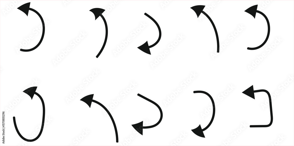 Poster set of 10 bold black curved arrows in various rotation angles – hand-drawn style directional icons f
