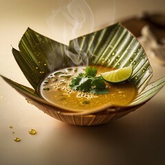 Maldivian garudhiya fish broth in palm leaf bowl
