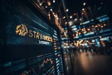 Remain invested : Electronic stock market display board showing market indices with blurred background of a busy exchange floor.
